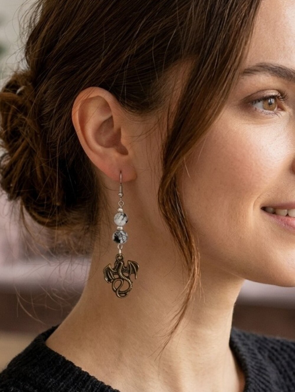 Handcrafted Bronze Dragon Dangle Earrings With Marbled Glass Beads